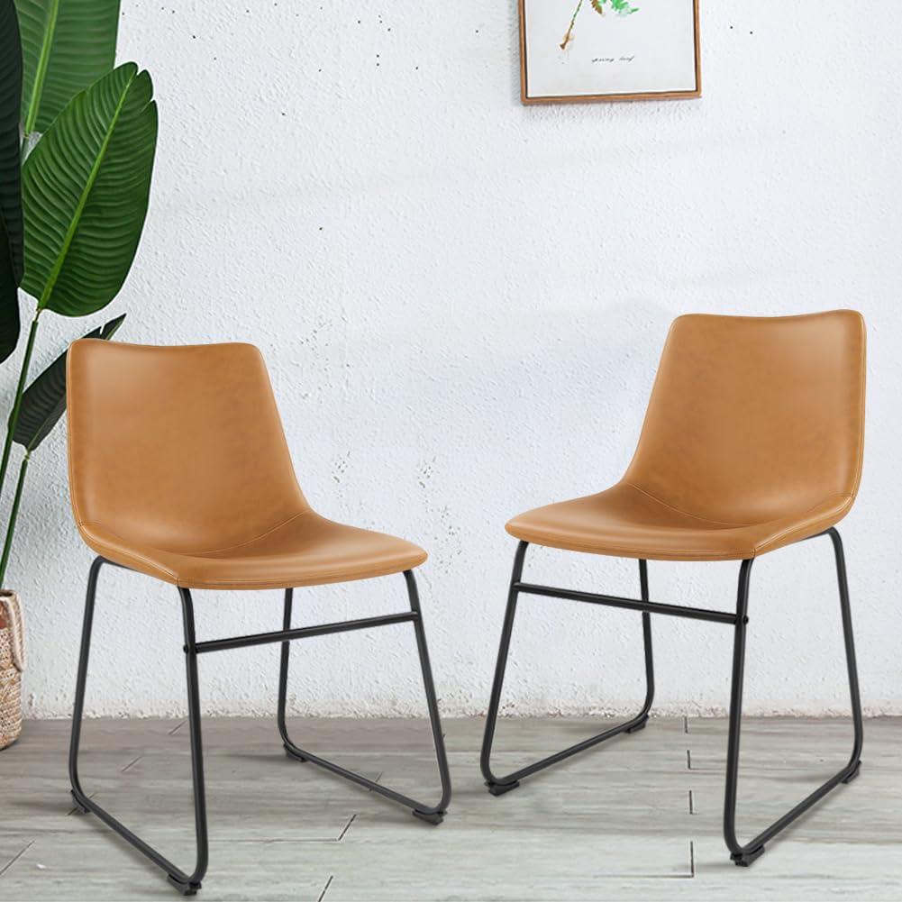 WKWKER Dinning Chairs Set of 2 Faux Leather Industrial Chair Counter Height Chair Metal Legs with Footrest Kitchen Chair for Home Bar Coffee Shop Patio Dining Chair Height 19’’ (Brown, 2pcs)