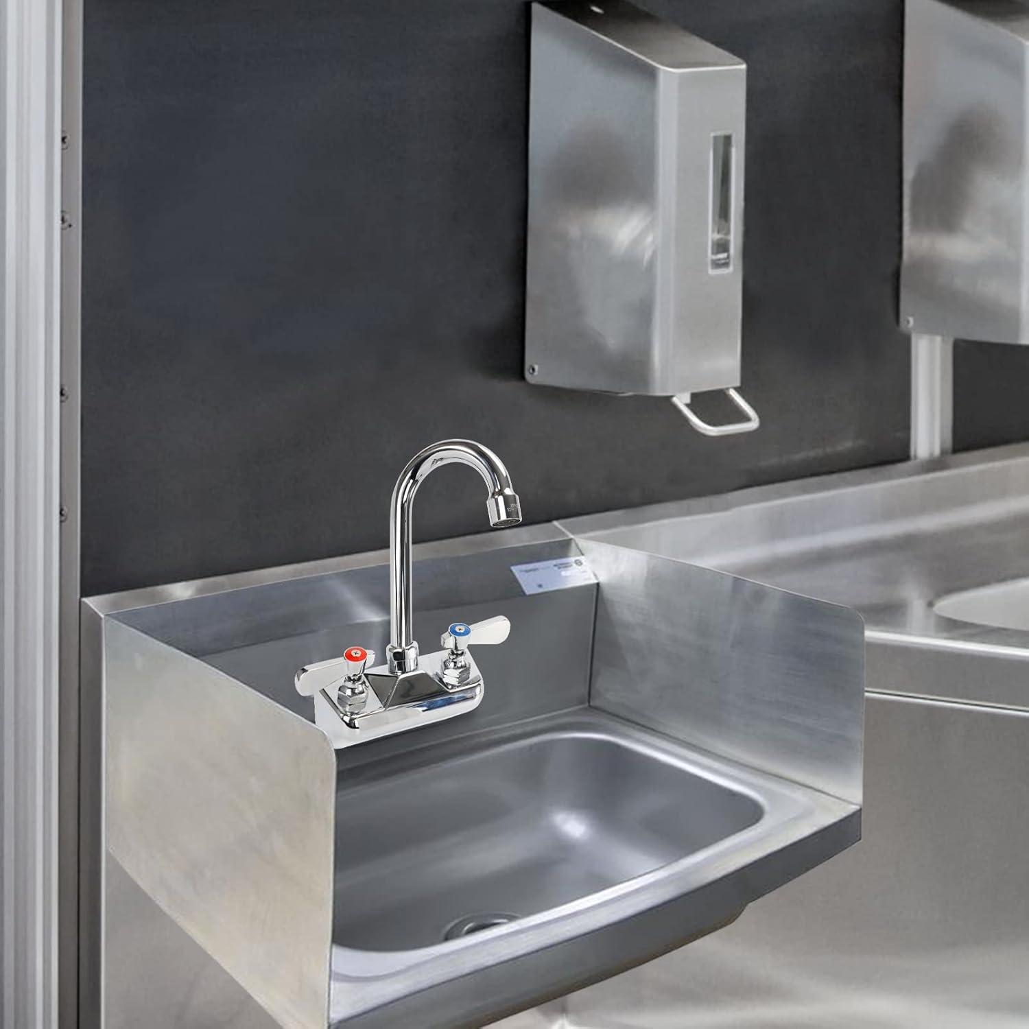 KWODE 4 Inch Center Commercial Hand Sink Faucet with 3-1/2”Gooseneck Spout, Dual Lever Handle Wall Mount Kitchen Sink Faucet, Brass Constructed, Chrome