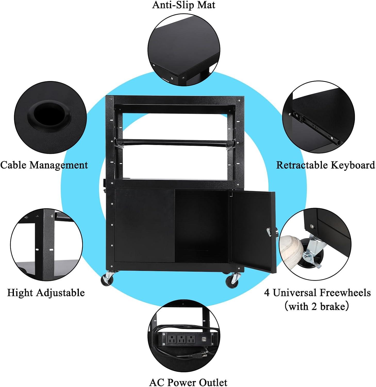 Black Adjustable AV Cart with Locking Cabinet and Pullout Tray