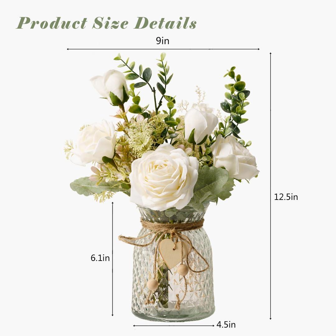 Lego Flowers Fake Flowers with Vase, Silk Roses Artificial Flowers in Vase, Faux Flower Arrangement with Vase Suitable for Home Office Decoration, Dining Table Centerpiece(White)