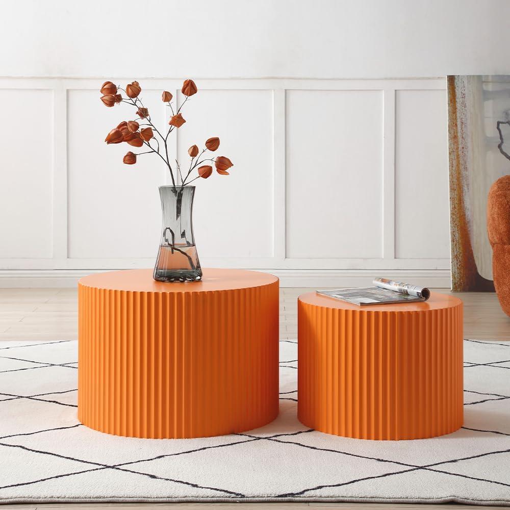 WILLIAMSPACE Nesting Coffee Table Set of 2, Matte Orange Round Wooden Coffee Tables, Modern Luxury Side Tables Accent End Table for Living Room Apartment, 23.62"*23.62"*15.75"H (Orange,Round)