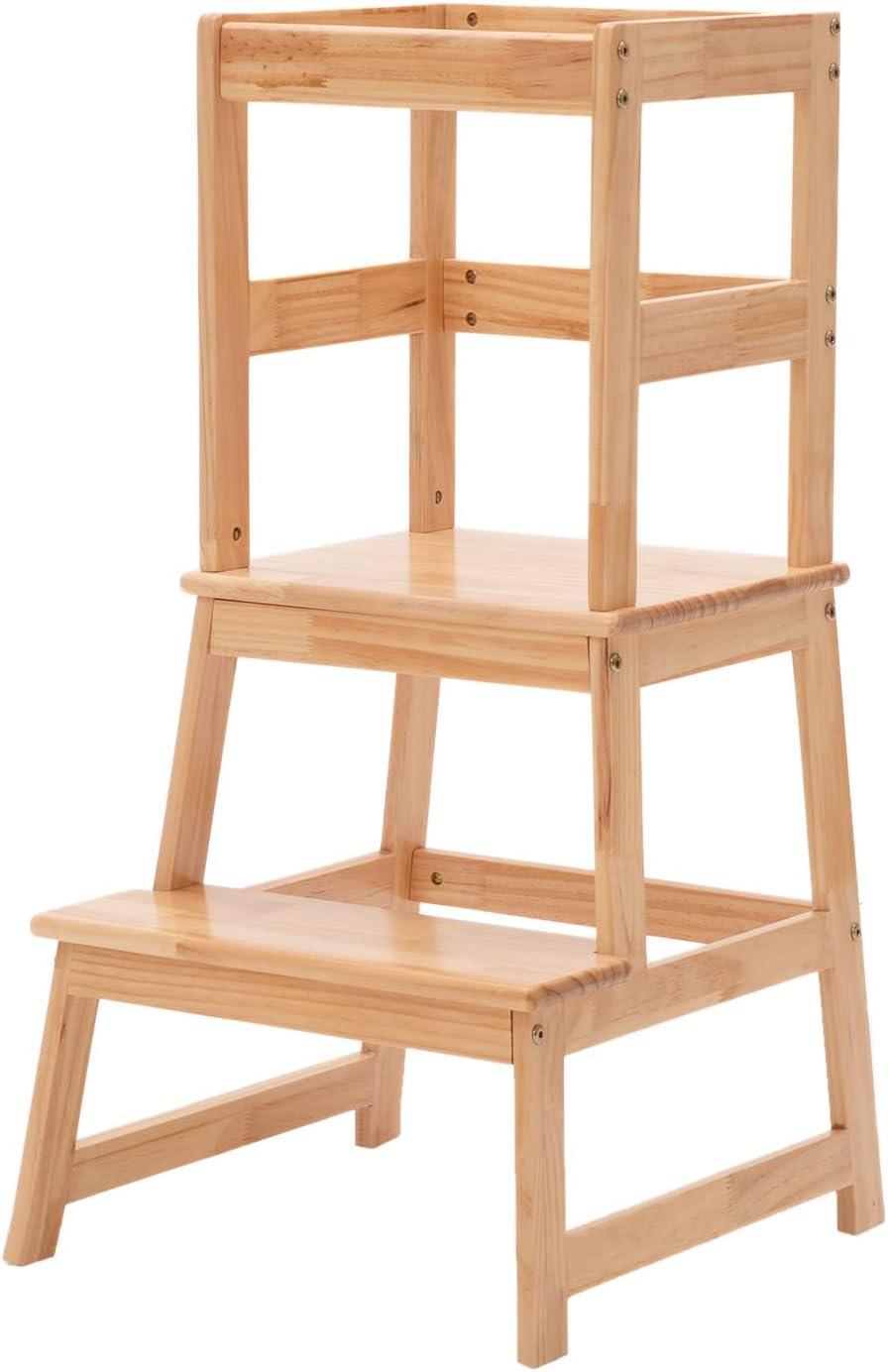 Natural Solid Wood Toddler Kitchen Step Stool with Safety Rail