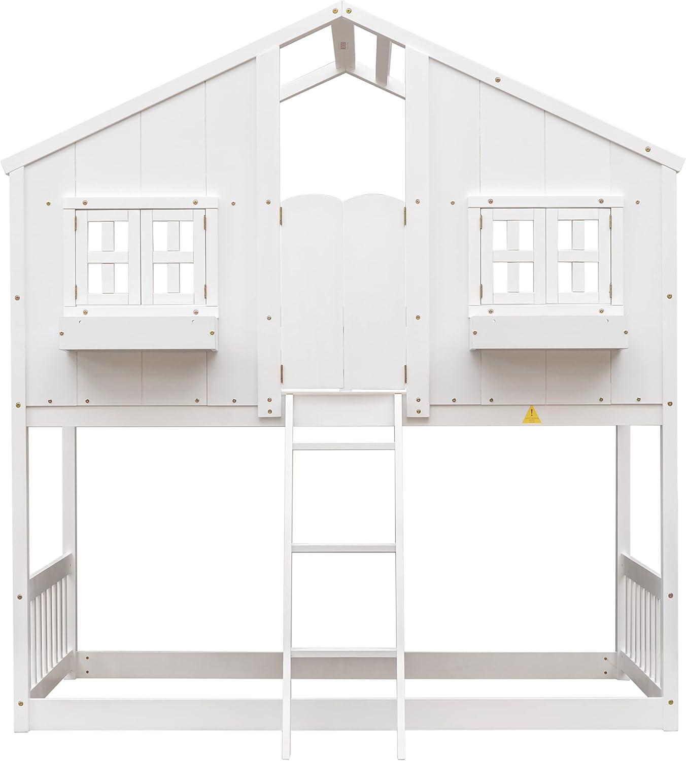 Harper & Bright Designs House Bunk Bed Twin Over Twin Kids Bunk Bed Wood Frame with Roof, Window, Window Box, Door, Safety Guardrails and Ladder, for Girls Boys (Twin Size, White)