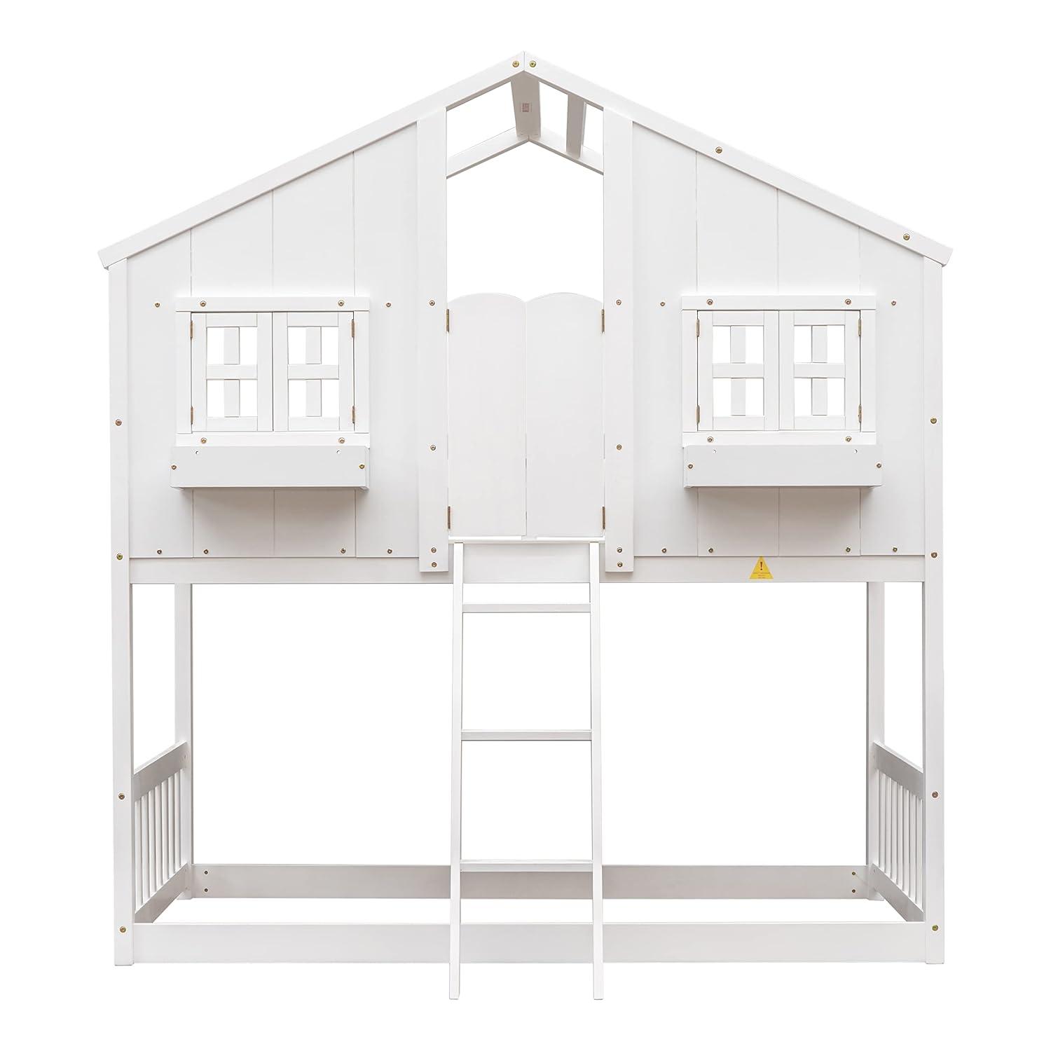 Harper & Bright Designs House Bunk Bed Twin Over Twin Kids Bunk Bed Wood Frame with Roof, Window, Window Box, Door, Safety Guardrails and Ladder, for Girls Boys (Twin Size, White)