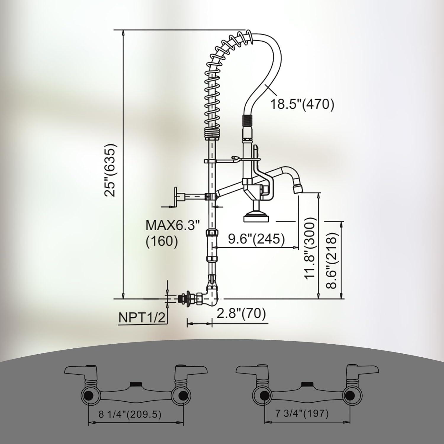 25-Inch Polished Chrome Triple Handle Wall Mount Kitchen Faucet