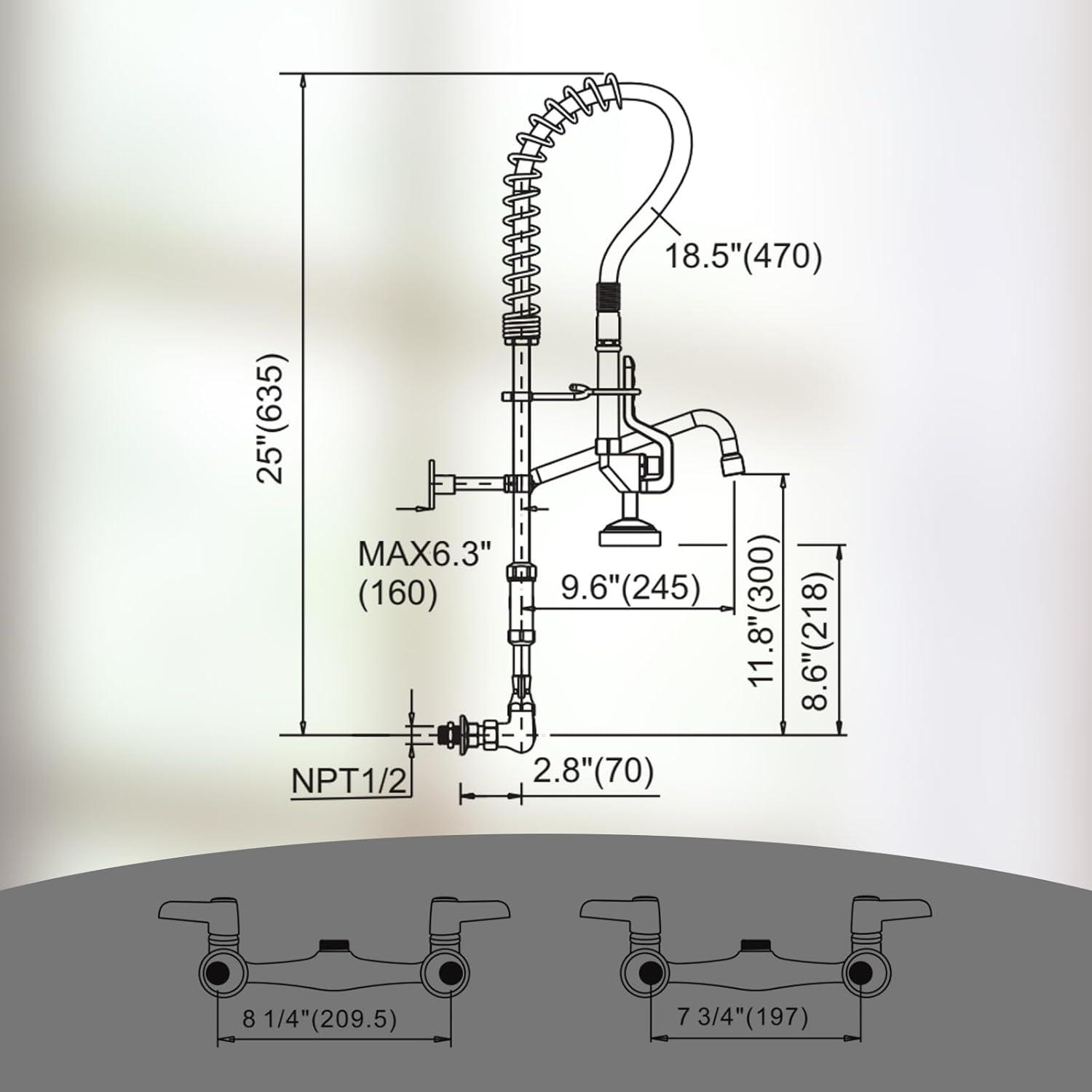 Commercial Kitchen Sink Faucet with Pull Down Sprayer, Pre-Rinse Wall Mount Faucet Chrome Commercial Kitchen Faucets with Sprayer 25" Height Water Faucets with 9.6" Add-on Swing Spout for Restaurant