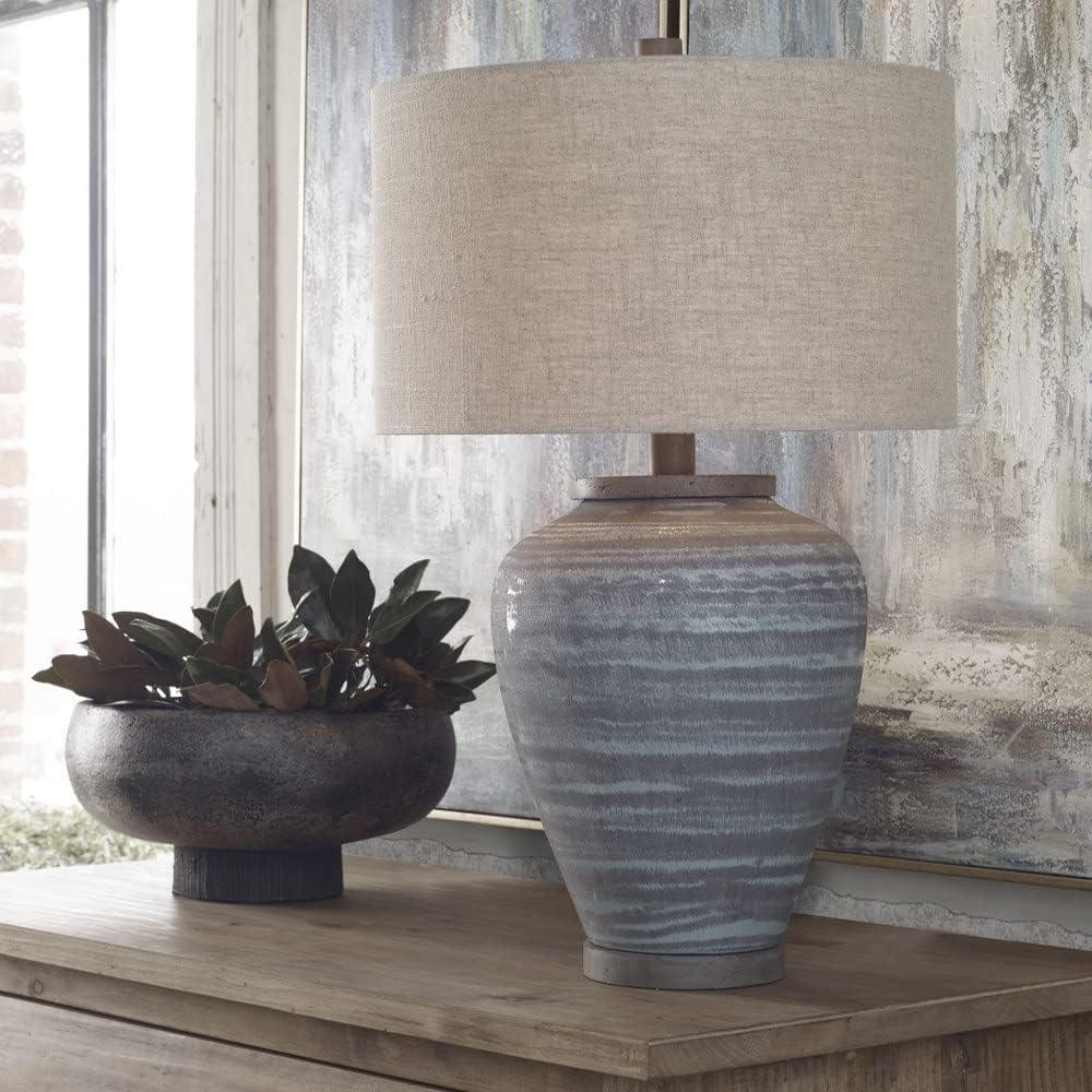 Light Aqua Blue and Gray Ceramic Table Lamp with Drum Shade