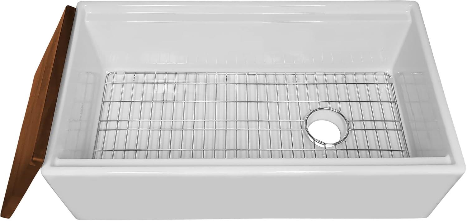 Whitehaus Collection Front Apron Single Bowl Fireclay Kitchen Sinks with Cutting Board and Grid