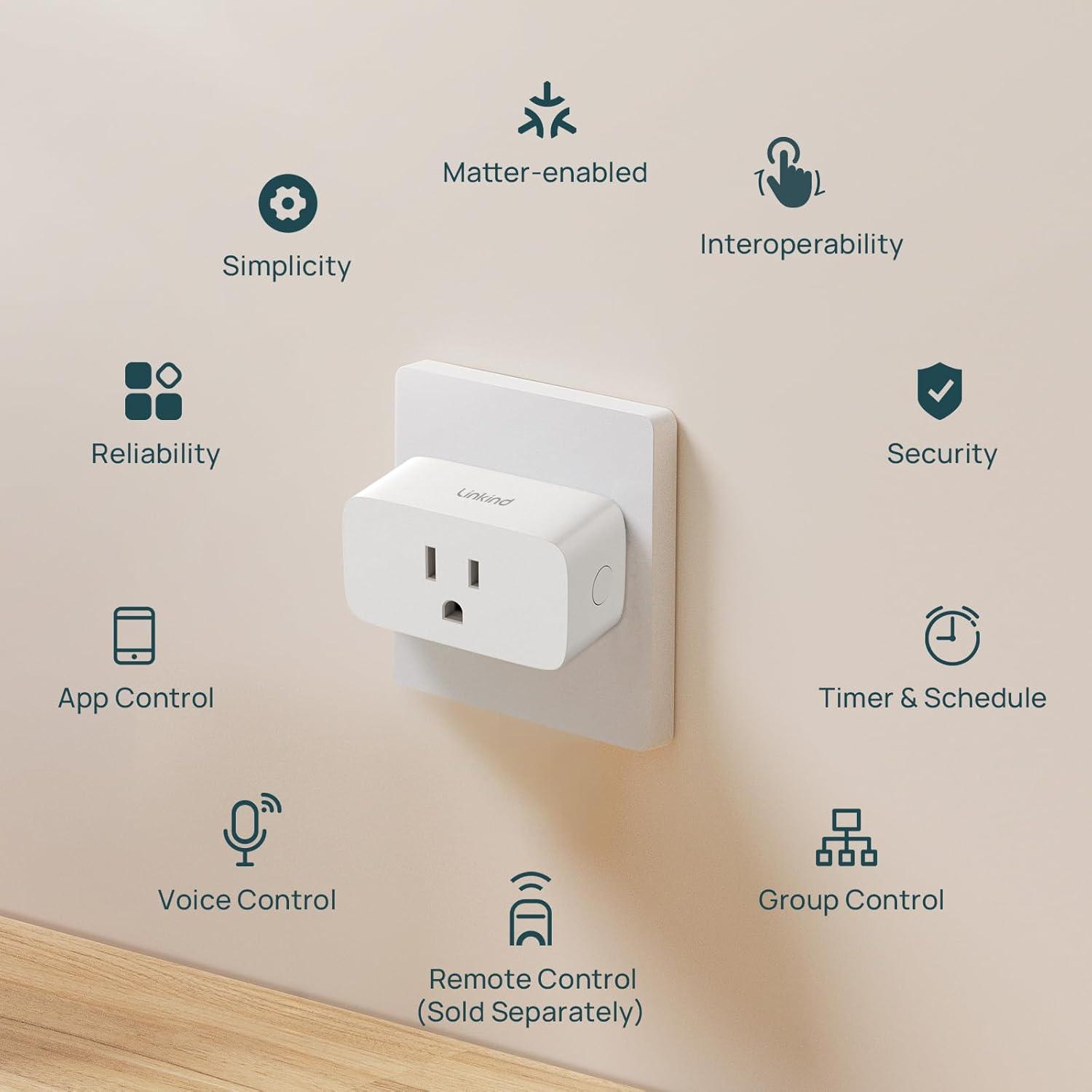 Linkind Matter Smart Plug, Work with Apple Home, Siri, Alexa, 15A/1800W Max Smart Outlet, Smart Home Socket 2.4G Wi-Fi, APP Control, Timer, 2 Pack