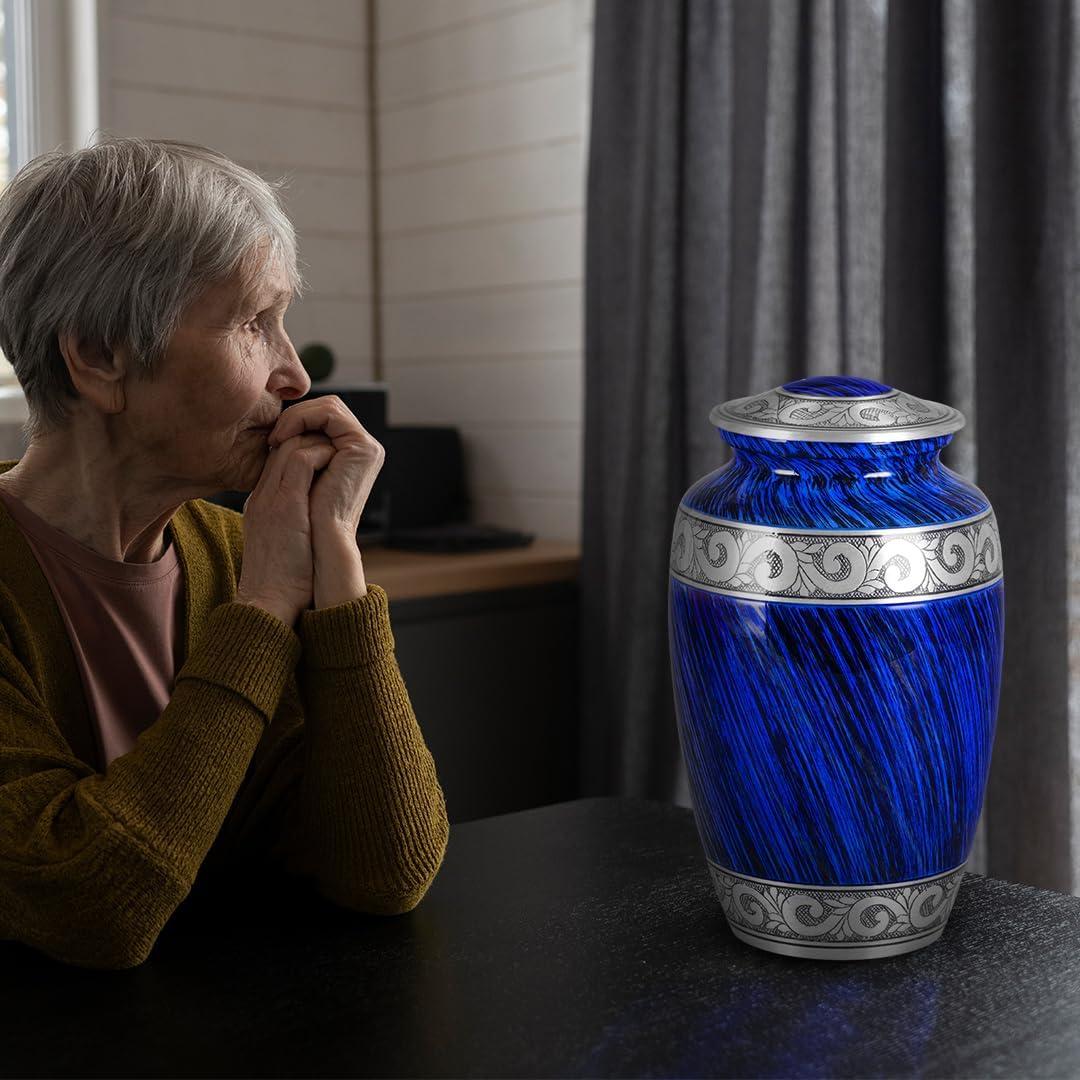 Hand-Engraved Blue Metal Urn with Necklace for Ashes