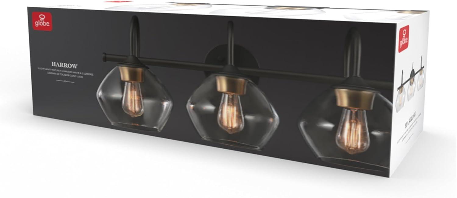 Globe Electric Harrow 3-Light Vanity Light, Dark Bronze, Antique Brass Accents, Clear Glass Shade, 51853