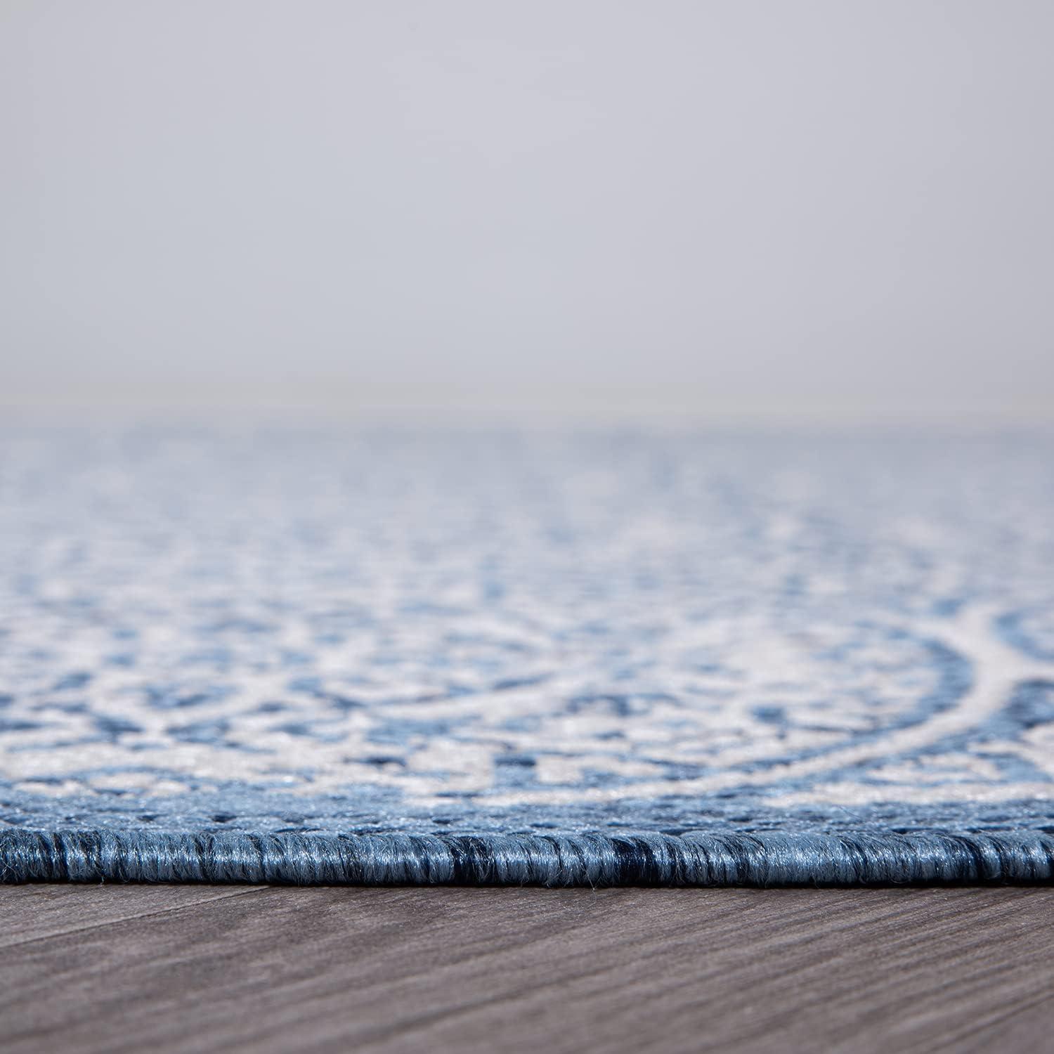 World Rug Gallery Transitional Floral Circles Textured Flat Weave Indoor/Outdoor Area Rug - BLUE 5' X 7'