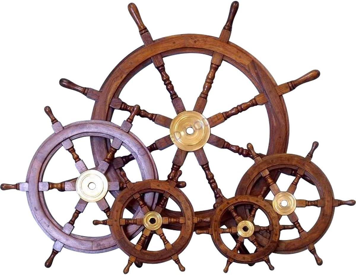 24" Dark Rosewood and Brass Nautical Ship Wheel Decor