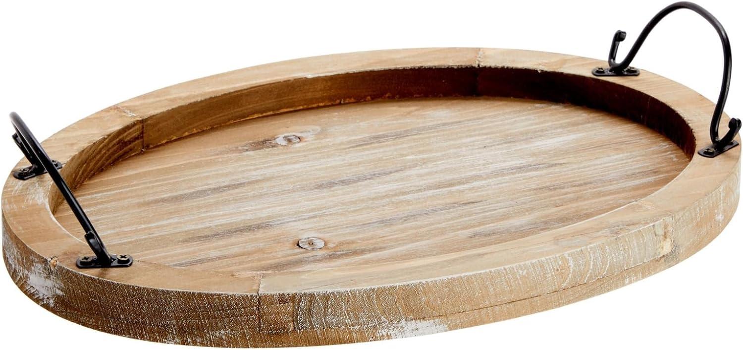 Rustic Oval Wooden Serving Tray with Black Handles