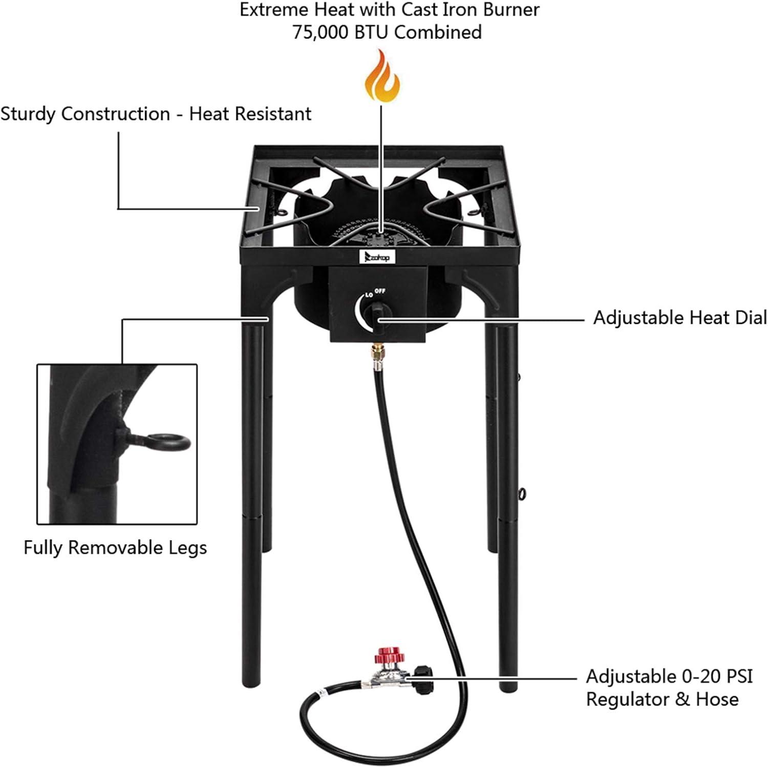 Outdoor Camping Stove, High Pressure Propane Gas Cooker Portable Cast Iron Patio Cooking Single Burner with 0-20 Psi Regulator