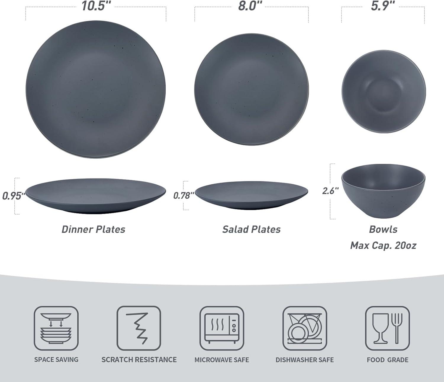 Charcoal Matte Ceramic Round Dinnerware Set for 4