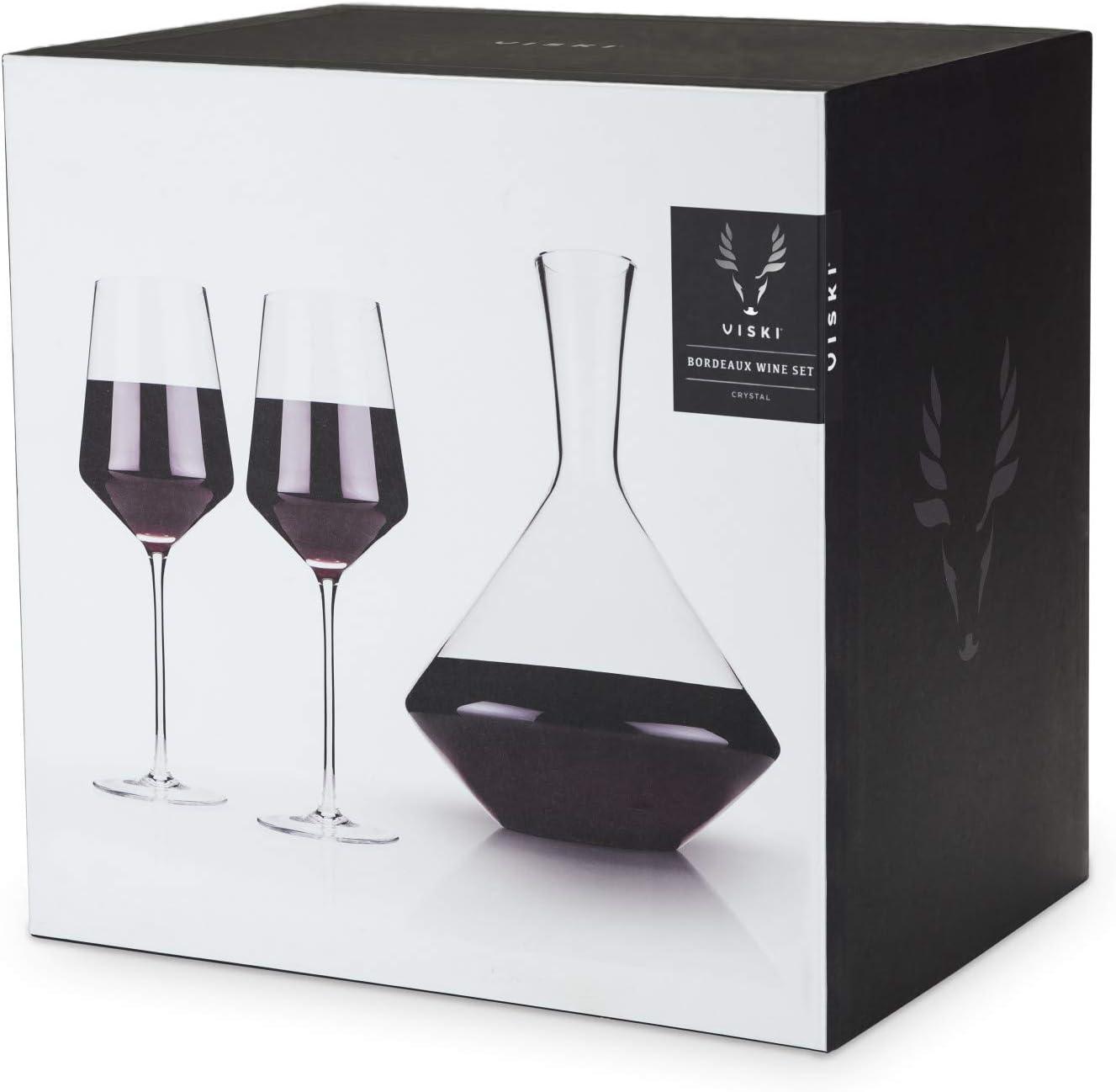 Viski Raye Bordeaux Wine Glasses & Decanter Set - Premium Crystal Clear Glass, Modern, Stemmed, Flat Bottom, Red Wine Gift - Set of 3