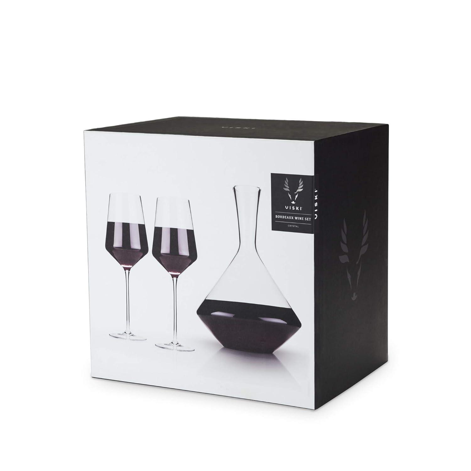 Viski Raye Bordeaux Wine Glasses & Decanter Set - Premium Crystal Clear Glass, Modern, Stemmed, Flat Bottom, Red Wine Gift - Set of 3