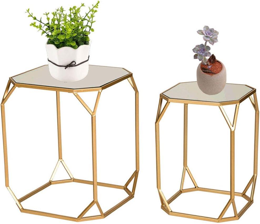 Glitzhome Set of 2 Glam Glass Modern Side Table Sofa Table Octagon-Gold Octagon