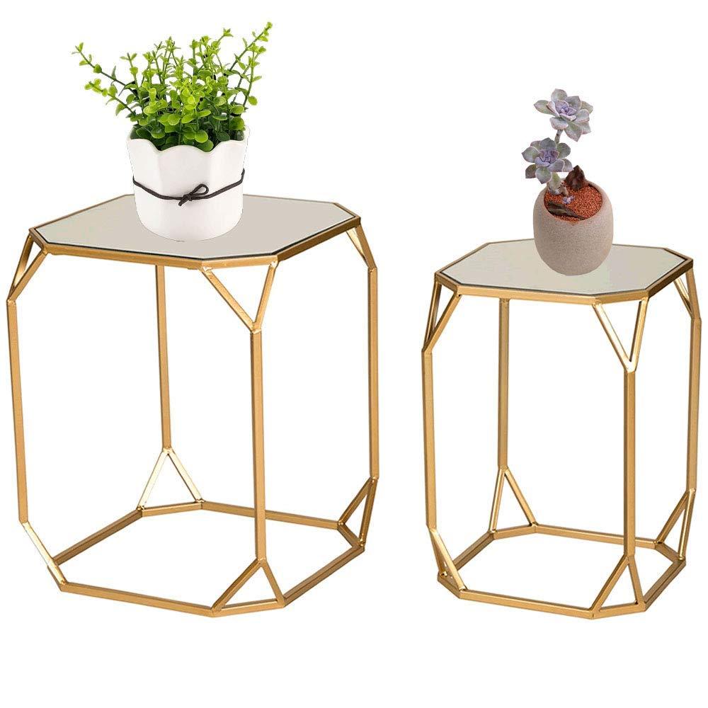 Glitzhome Set of 2 Glam Glass Modern Side Table Sofa Table Octagon-Gold Octagon
