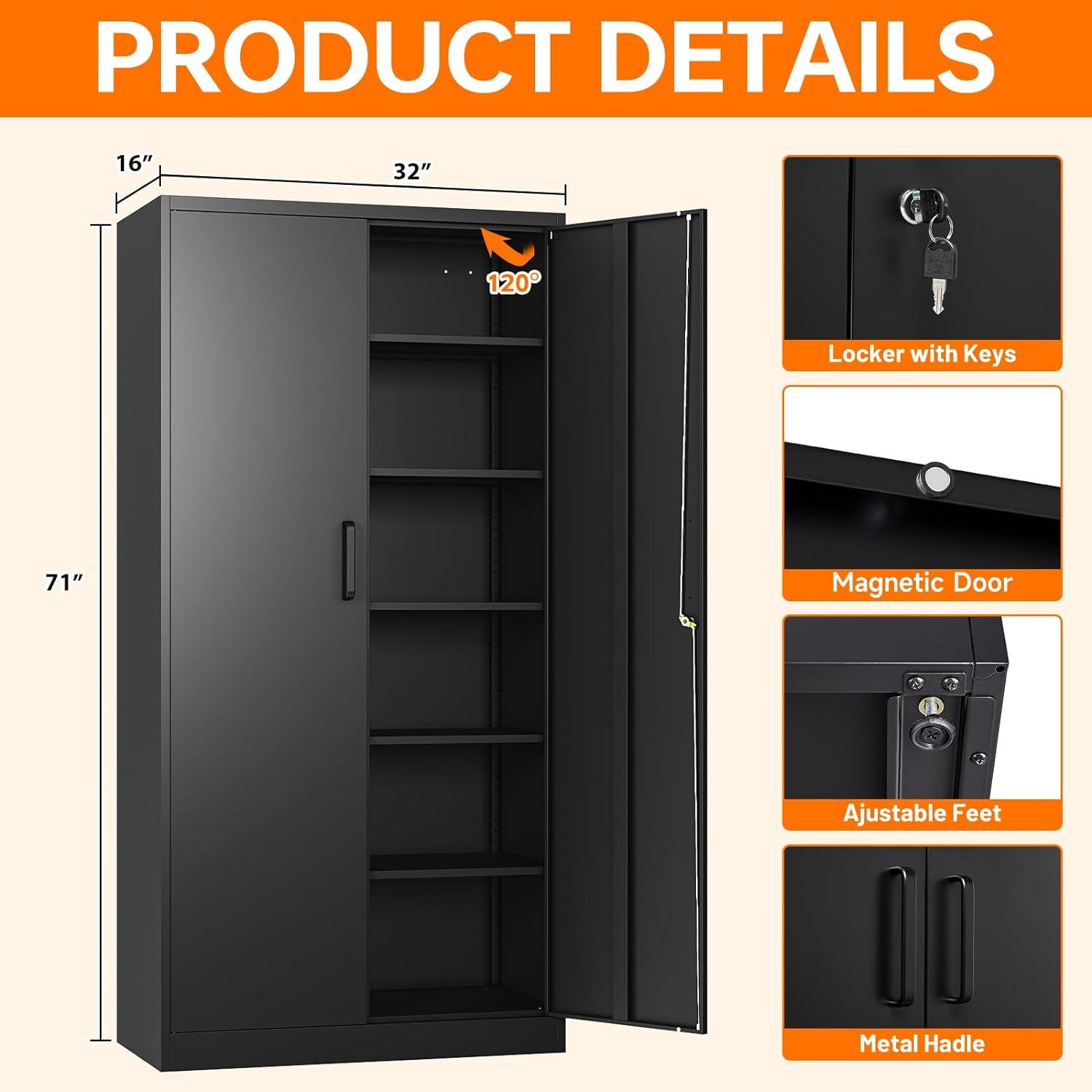 Black Steel Lockable Office Cabinet with Adjustable Shelves