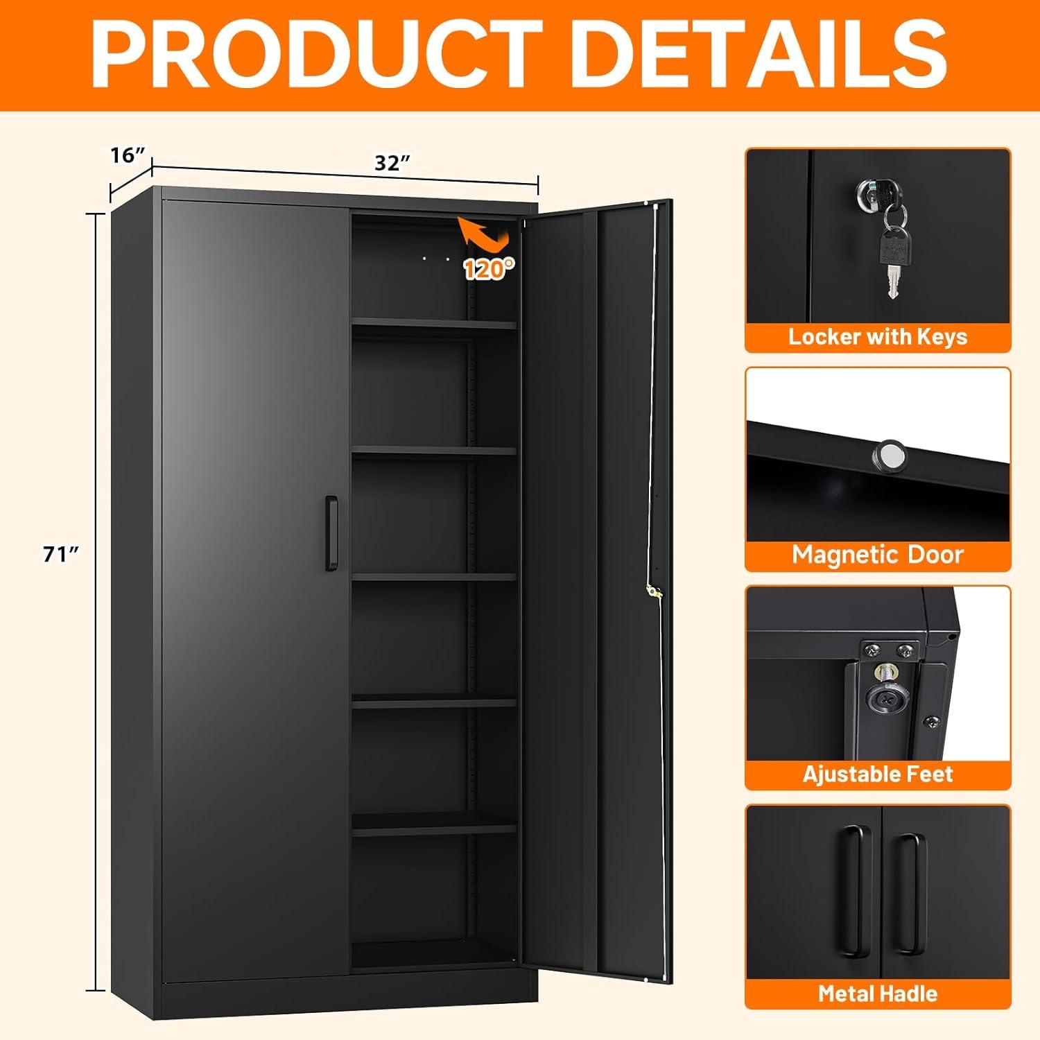 Metal Storage Cabinets with Lock, 71" Garage Storage Cabinet with 2 Door and 5 Adjustable Shelves, Steel Lockable Tool Cabinets for Home, Office, Gym, Garage