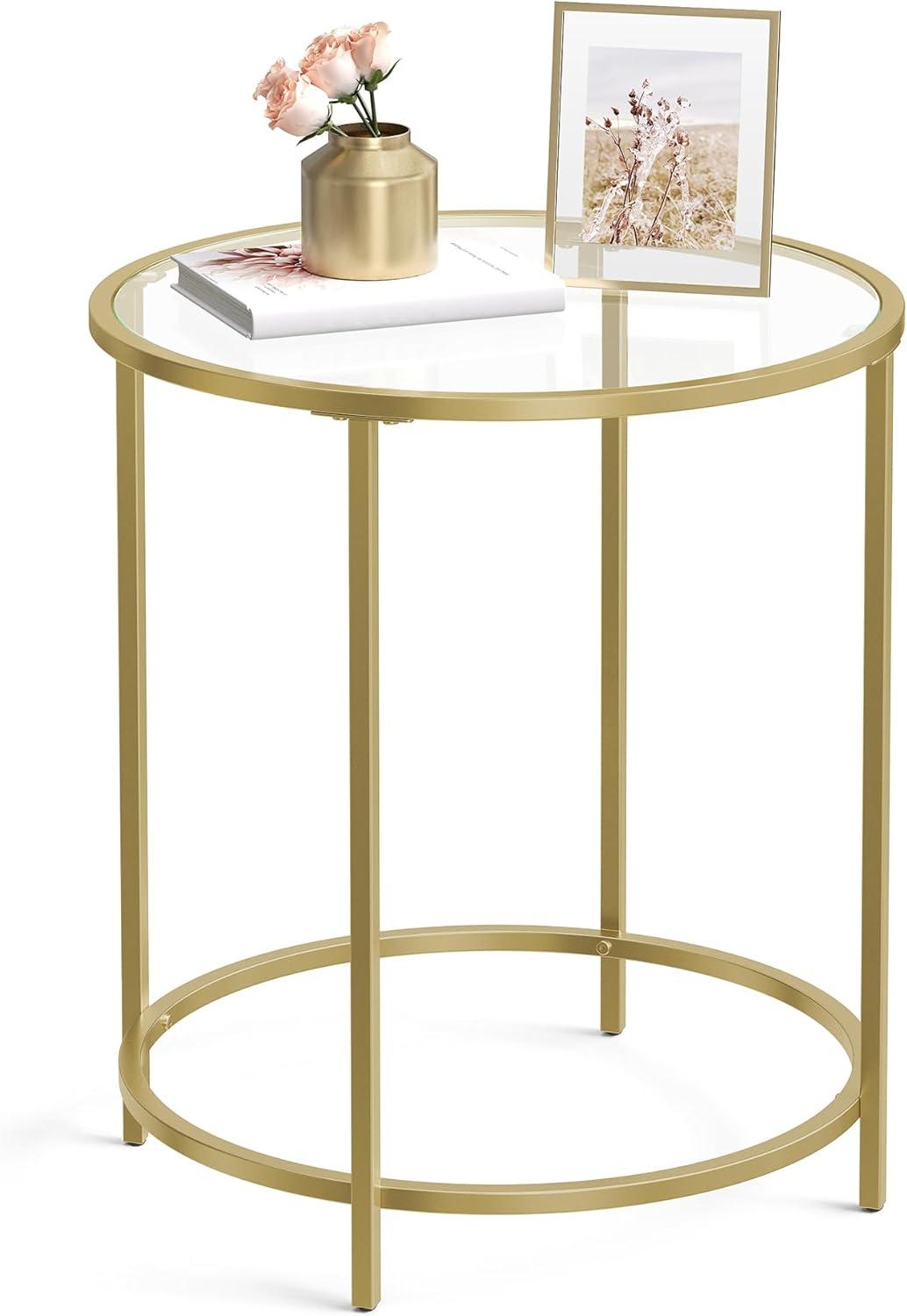 VASAGLE Round End Table Gold Side Table Nightstand with Metal Frame Coffee Table for Living Room Bedroom Gold