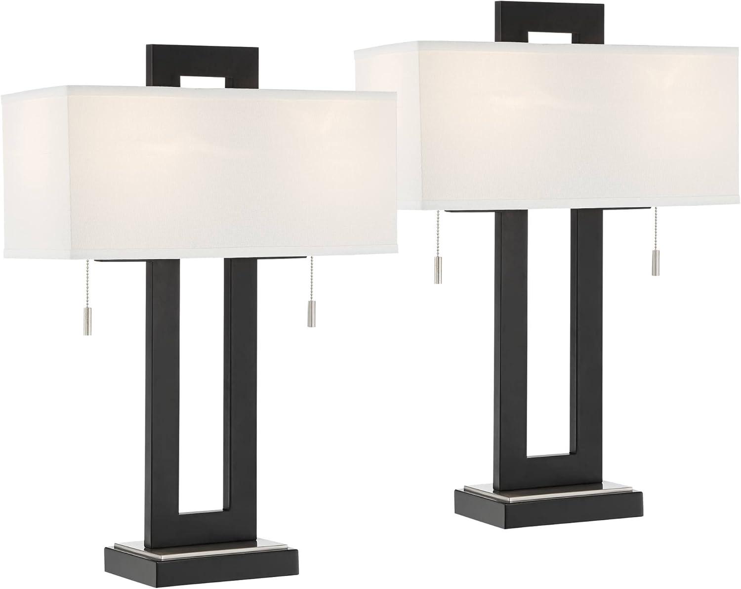 360 Lighting Neil 26" High Rectangular Rustic Modern Table Lamps Set of 2 USB Port Pull Chain Black Metal White Shade Living Room Charging Bedroom