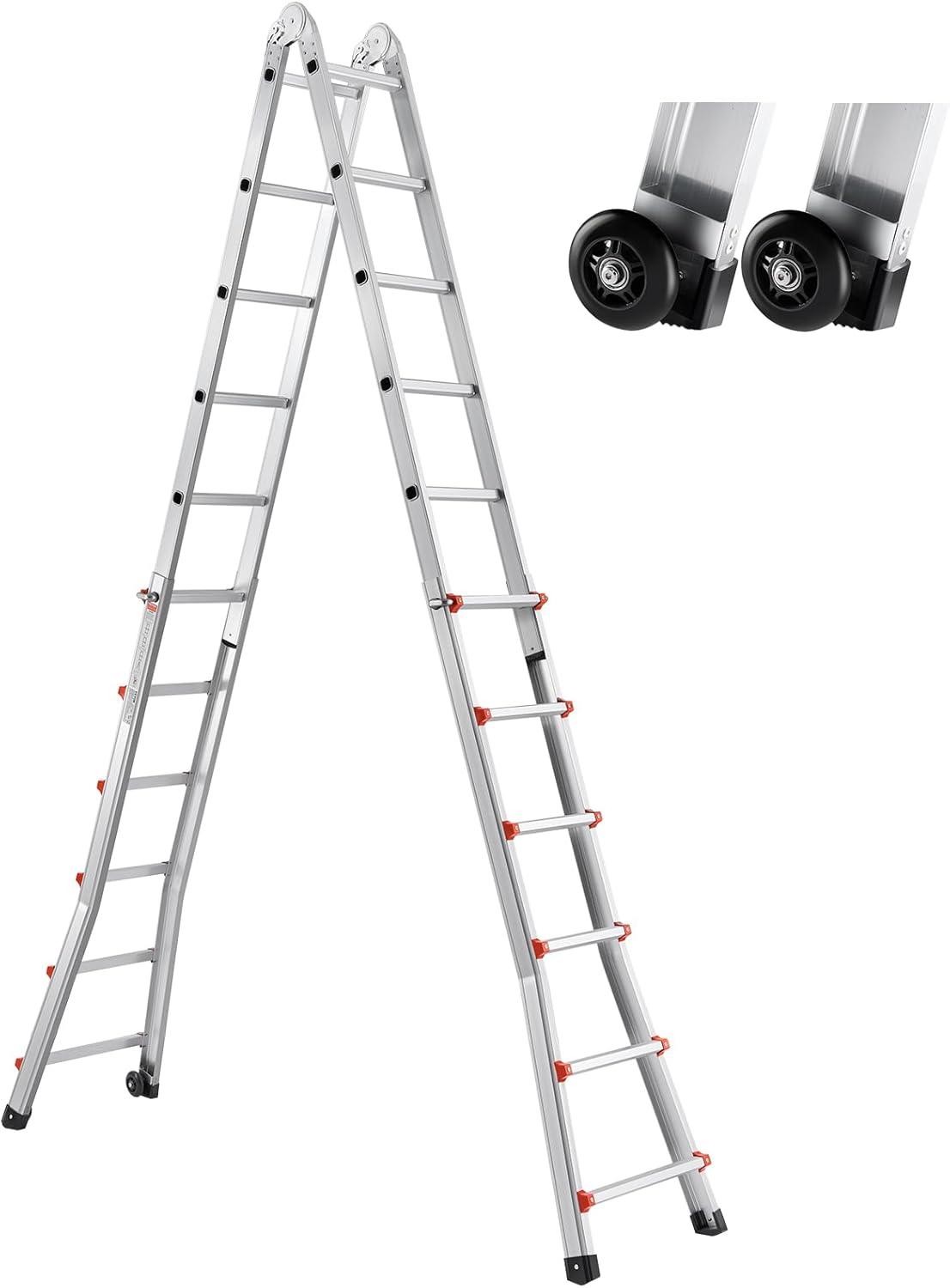 VEVOR Telescoping A Frame Ladder, 20 FT Compact Aluminum Extension, Multi-Function Portable Collapsible RV, for Homework Stairs Indoor Outdoor Roof, 330lb Load