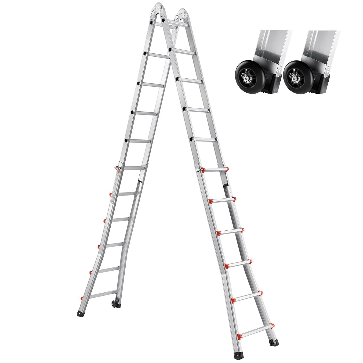 VEVOR Telescoping A Frame Ladder, 20 FT Compact Aluminum Extension, Multi-Function Portable Collapsible RV, for Homework Stairs Indoor Outdoor Roof, 330lb Load