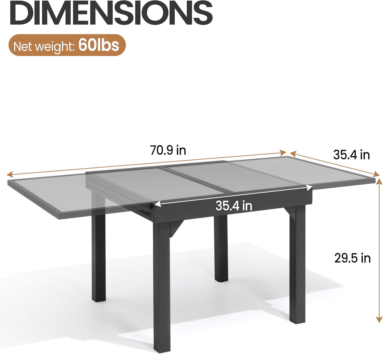 Modern Aluminum Outdoor Dining Table - Expandable Patio Glass Dining Table for 6-8, Extendable Aluminum Patio Extender Table 35" to 70" for Backyard, Porch, Deck, Garden, Tempered Glass Gray