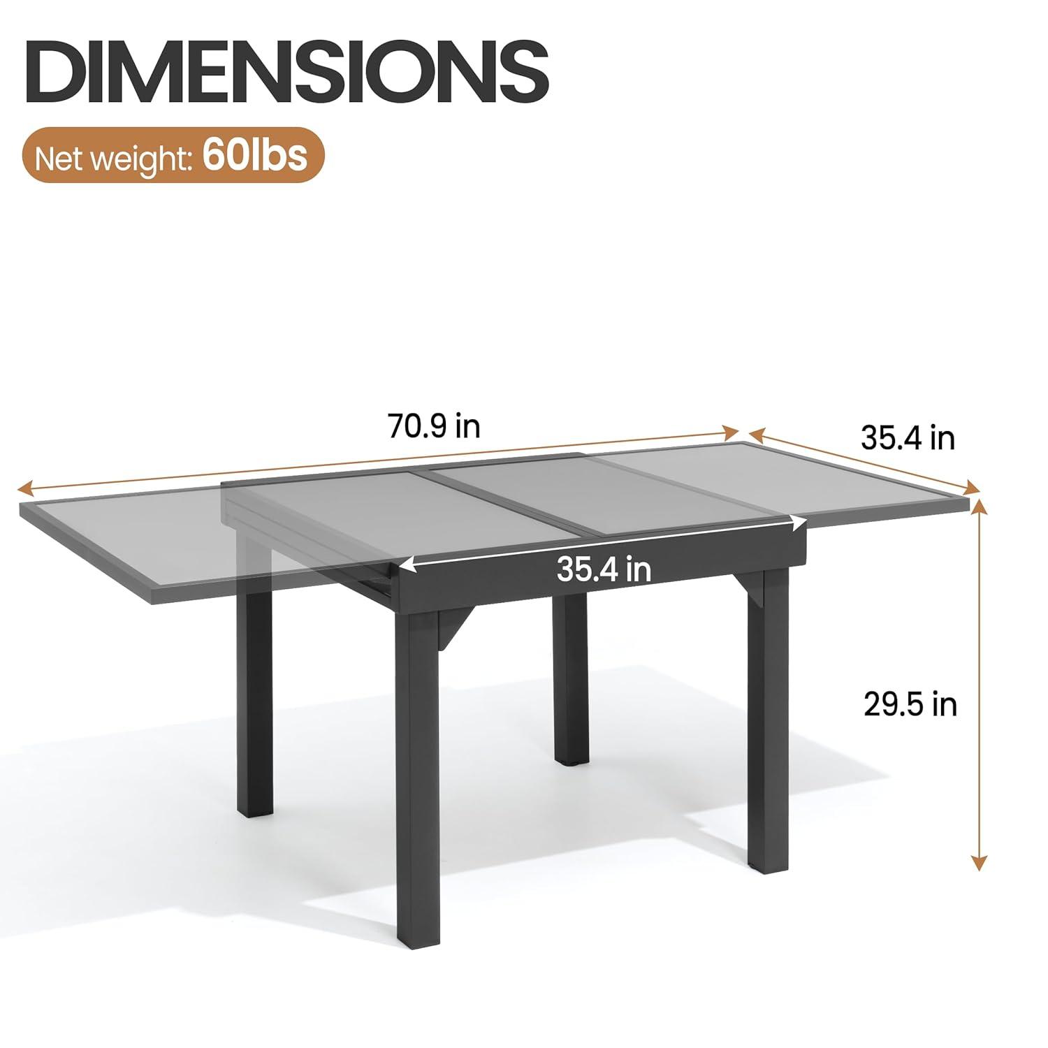 Modern Aluminum Outdoor Dining Table - Expandable Patio Glass Dining Table for 6-8, Extendable Aluminum Patio Extender Table 35" to 70" for Backyard, Porch, Deck, Garden, Tempered Glass Gray