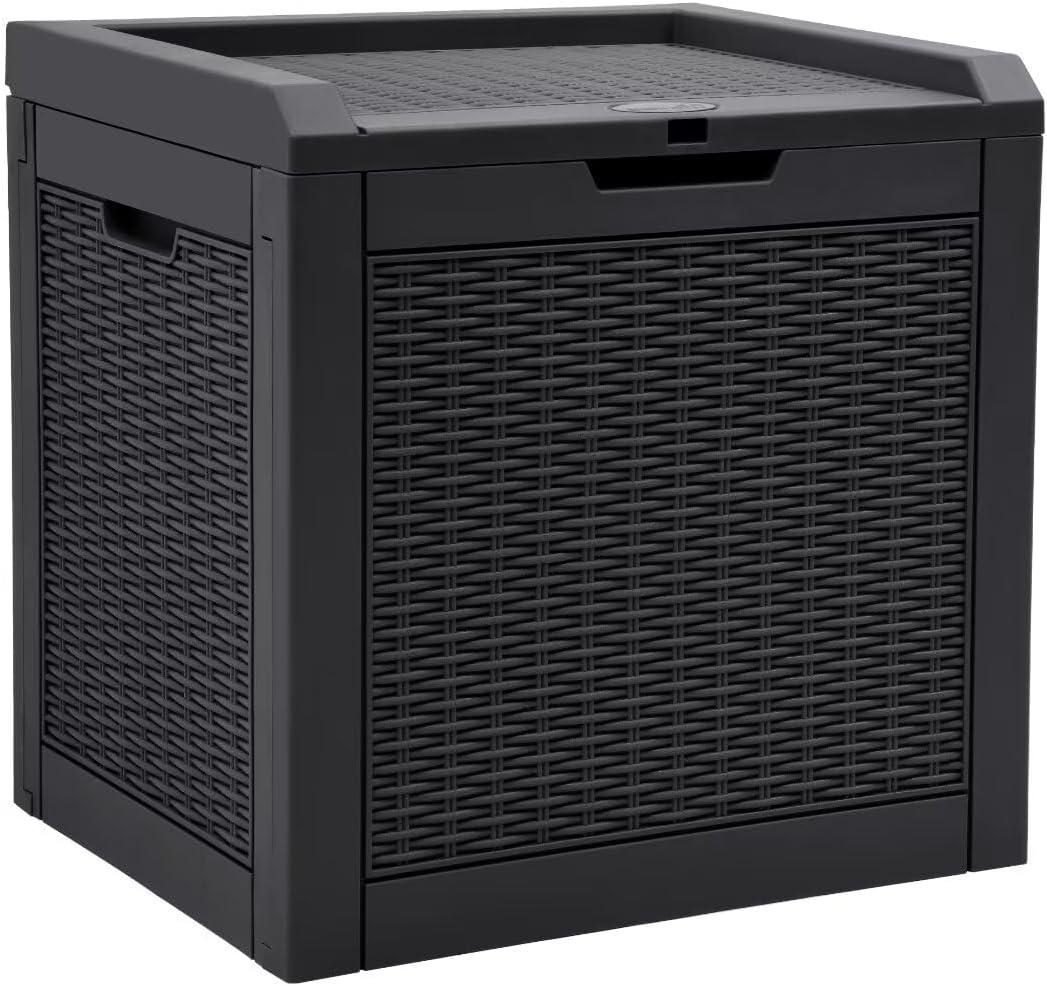 YITAHOME 32 Gallon Rattan Deck Box, Indoor Outdoor Storage Box for Patio Furniture, Pool Accessories, Cushions, Garden Tools, Sports Equipment, Waterproof Resin with Lockable Lid & Side Handles, Black