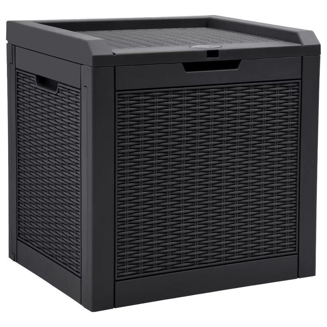 YITAHOME 32 Gallon Rattan Deck Box, Indoor Outdoor Storage Box for Patio Furniture, Pool Accessories, Cushions, Garden Tools, Sports Equipment, Waterproof Resin with Lockable Lid & Side Handles, Black