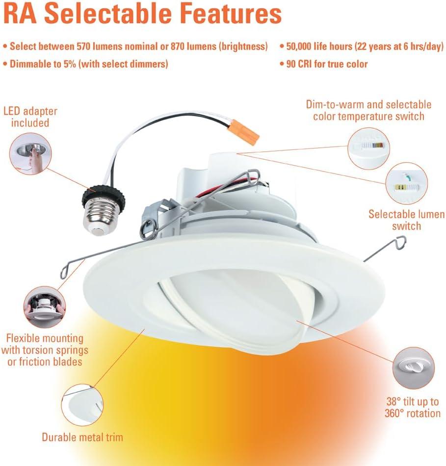 Halo 5/6 In. Selectable CCT Integrated LED Recessed Light Trim, 600 Lm./1000 Lm.