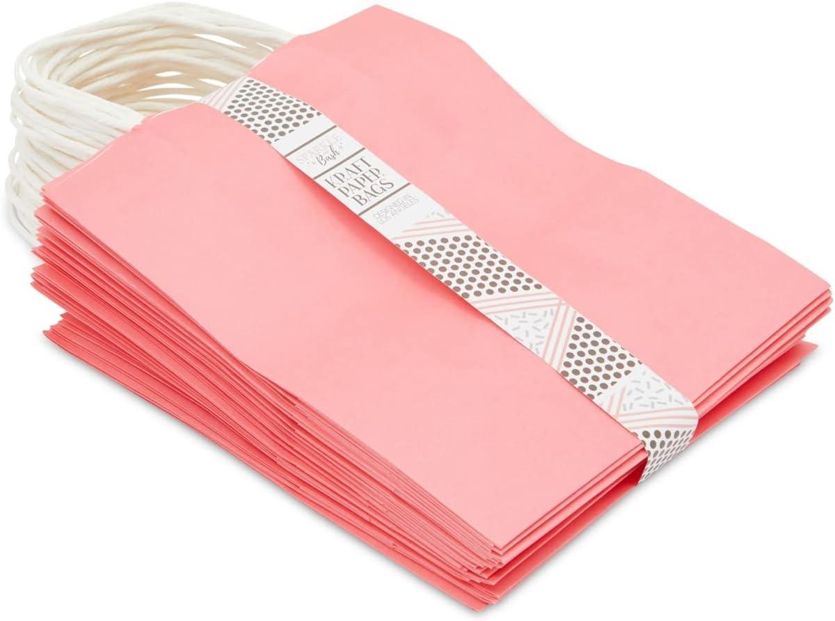 Sparkle and Bash Pink Kraft Paper Party Goodie Bags with Handles 25 Pack 8x4x10 Inches
