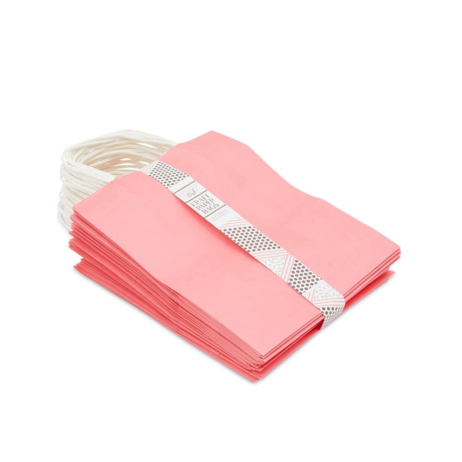 Sparkle and Bash Pink Kraft Paper Party Goodie Bags with Handles 25 Pack 8x4x10 Inches