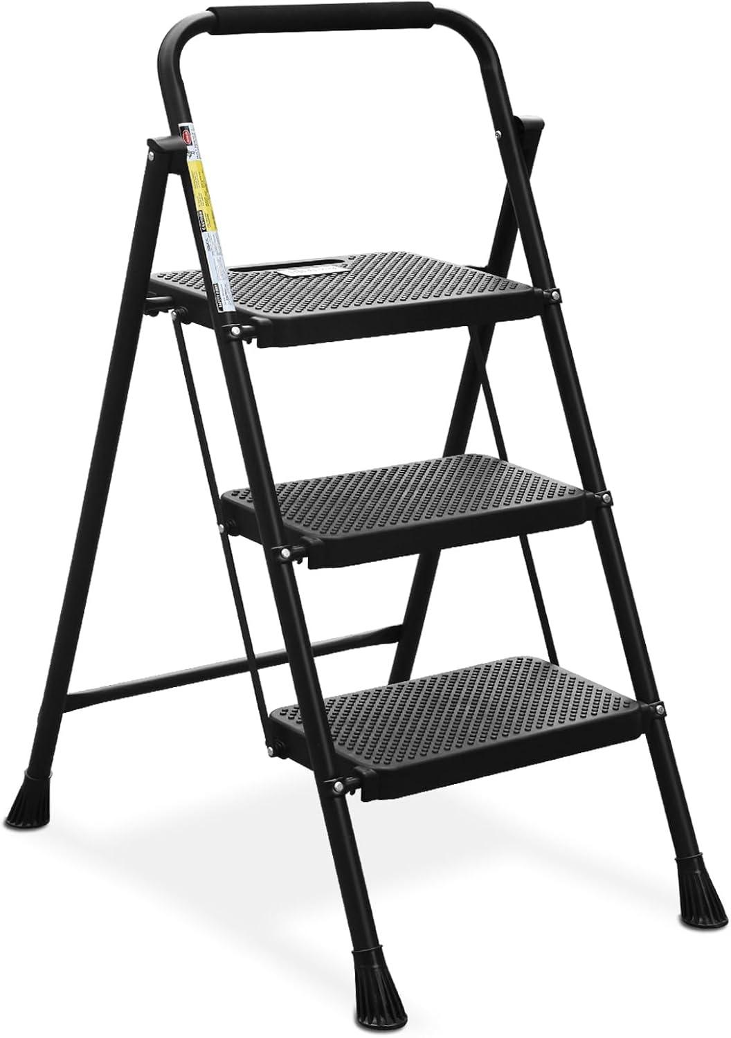 Black Folding 3-Step Ladder with Cushioned Handle