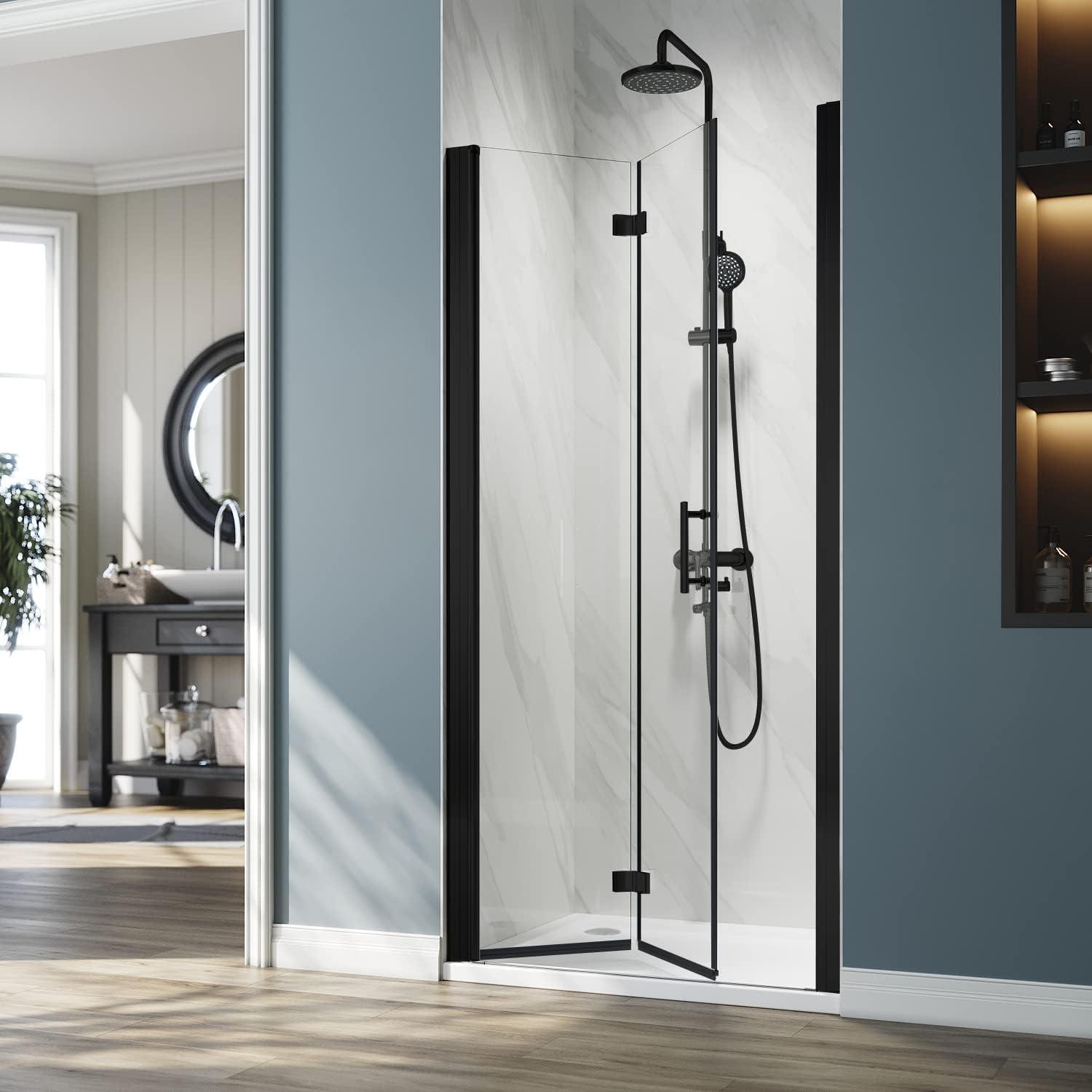 Matte Black Frameless Bifold Glass Shower Door 30" x 72"