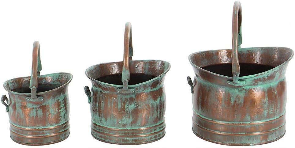 Green Tinged Metal Bucket Planter With Handles, Set of 3