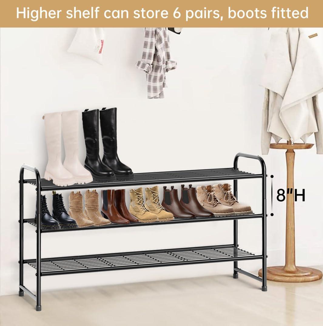 Black 3-Tier Stackable Metal Shoe Rack with Wire Grid