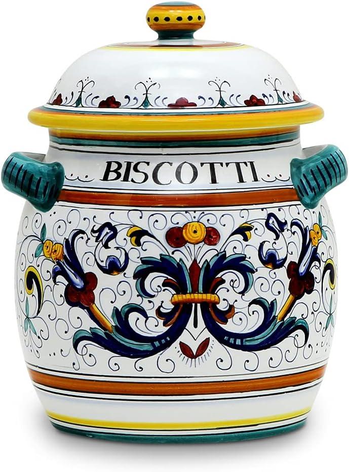 DELUXE: Traditional Biscotti Jar [1042-RIC] ~ Authentic hand painted in Deruta, Italy. Original design. Shipped from the USA with Certificate of Authenticity.