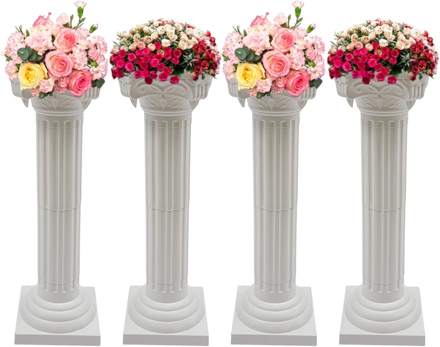 Roman Columns Plastic Wedding Stand Pillar Greek Statue Plant Stand Elegant Event Party Decorative Pedestal Flower Pot Holder Decor (4Pcs, 11.81x35.43 Inch)