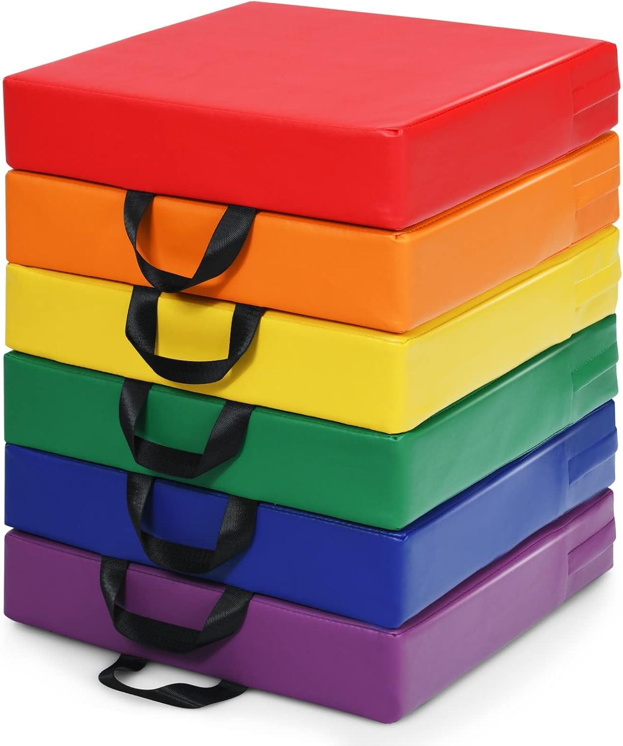 KOTEK 6 Pcs 15'' Kids Floor Cushions with Handles, 3'' Thick Foam Circle Floor Seats, Soft Flexible Seating for Classroom Elementary, School, Daycare, Kindergarten, Preschool, Playroom(Square, Red)