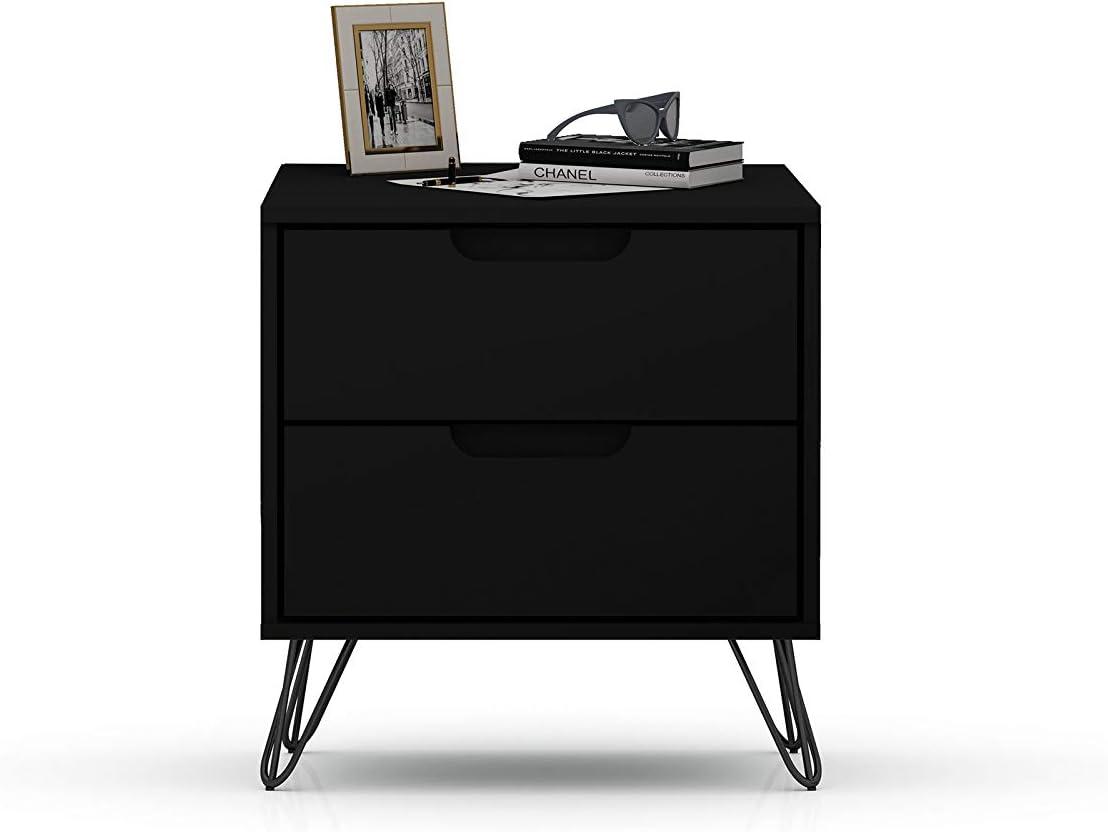 2.0 Rockefeller Nightstand Black - Manhattan Comfort: Modern Bedside Table with Metal Legs & Storage