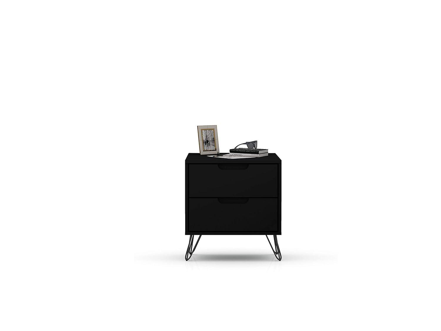 2.0 Rockefeller Nightstand Black - Manhattan Comfort: Modern Bedside Table with Metal Legs & Storage
