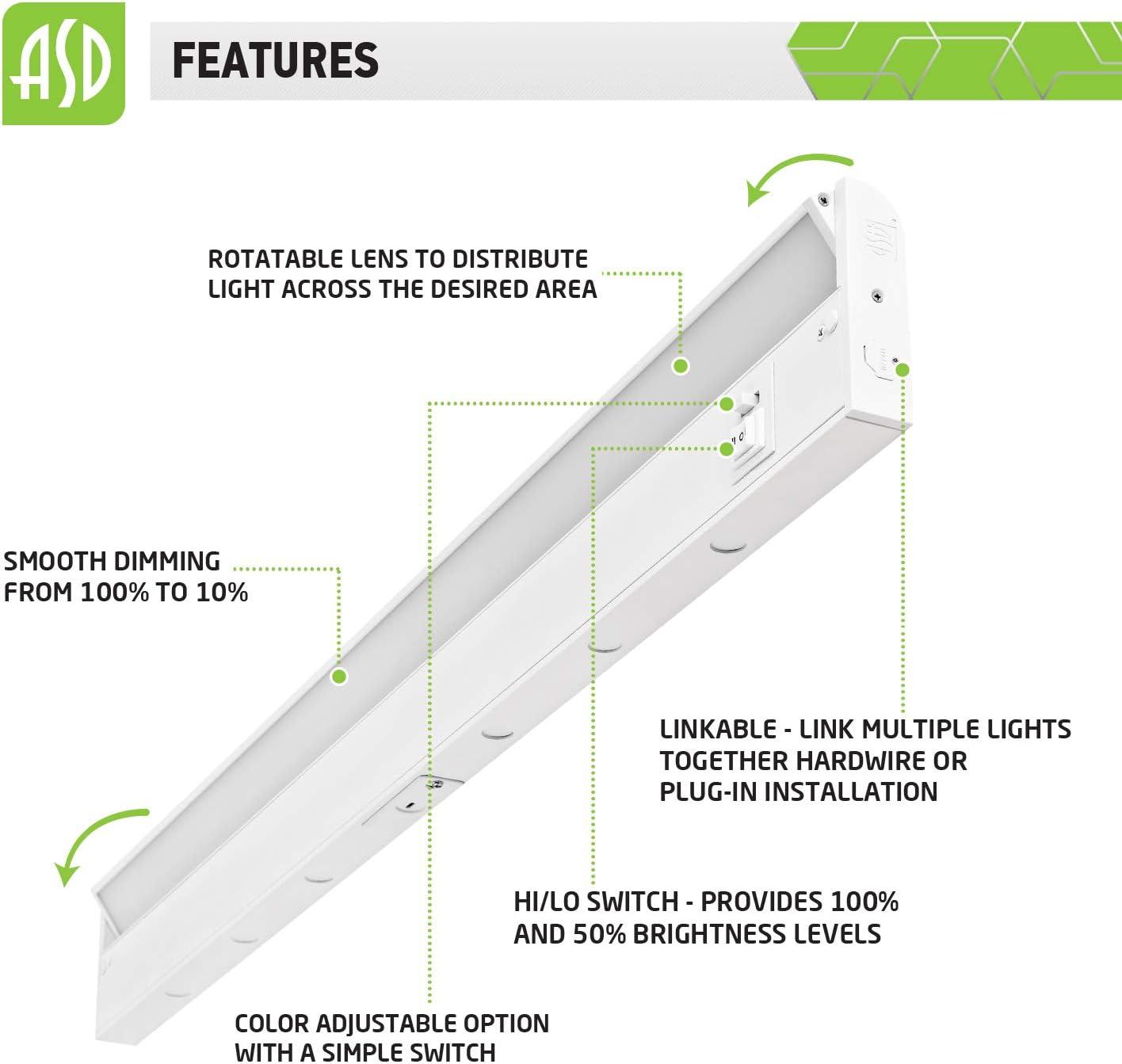 ASD Swivel LED Under Cabinet Lighting, 32 Inch 16W, Hardwired or Plug-in, 2700K/3000K/4000K Selectable, Rotatable Lens, Dimmable Linkable Under Counter Light for Kitchen, ETL & Energy Star