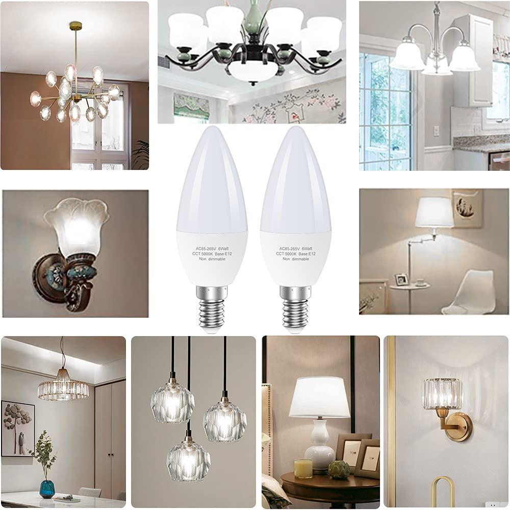 TGMOLD 6W LED E12 Candelabra Light Bulbs, 6 Watts (60W Equivalent), Daylight White 5000K, Chandelier Bulbs for Table Lamp, Chandelier, Ceiling Fan, Kitchen, 6 Pack
