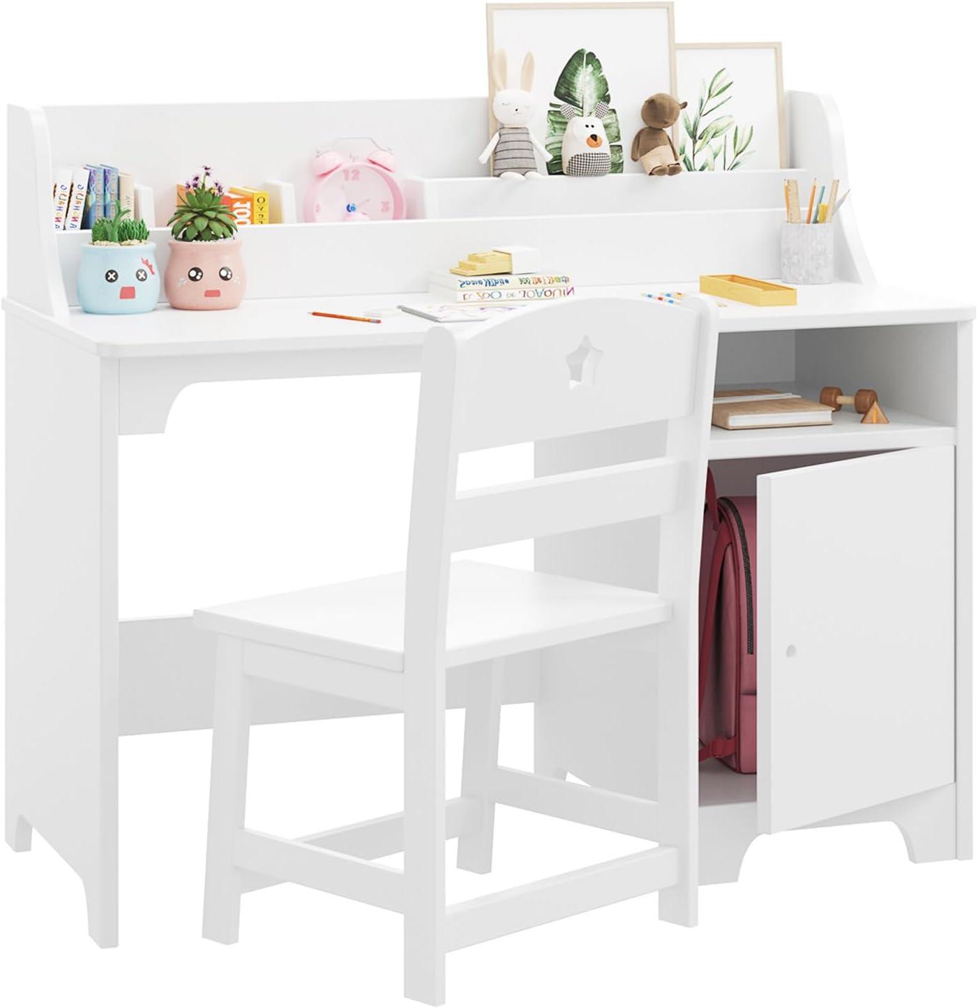 EastVita Kids Desk and Chair Set,Study Desk for Kids with Hutch, Storage Cabinet, Wooden Children Study Table, Student Writing Desk Computer Workstation