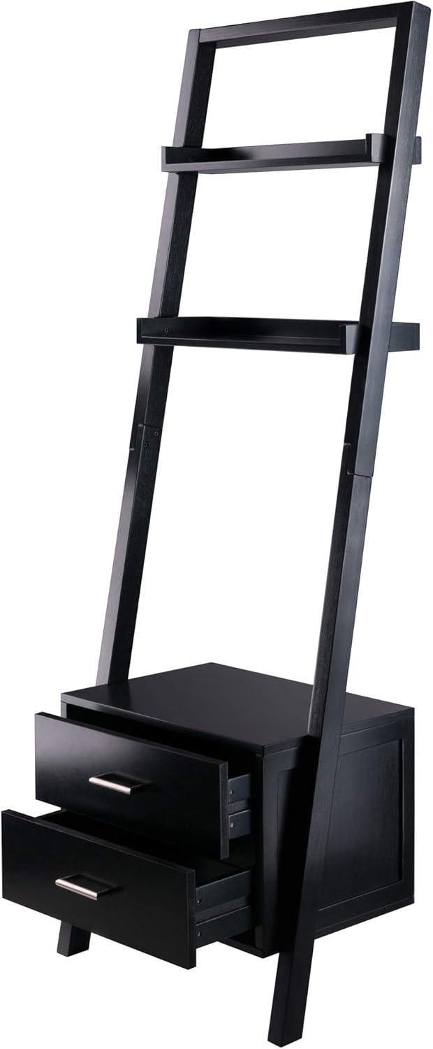 Bellamy Sleek Black Wood Leaning Ladder Bookcase with Storage